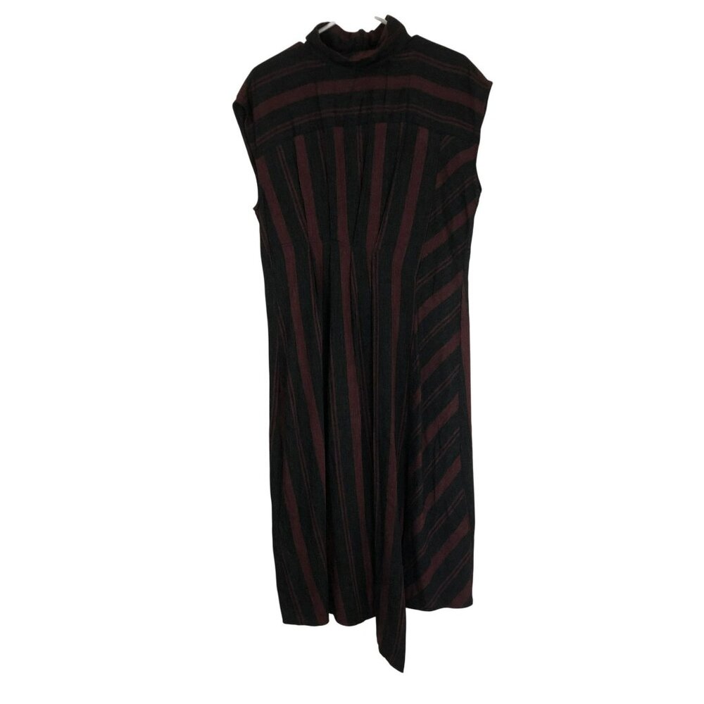NWT Zara Woman Black & Burgundy Striped Sleeveless Midi Dress Size L